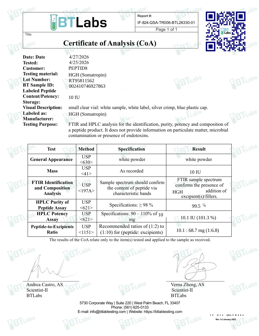 Informe de laboratorio HGH (somatropine) lote RT95811562